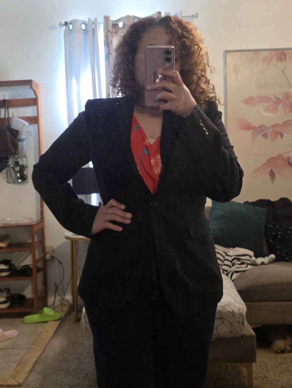 Banana Republic Black Blazer with Red Floral Top Visible